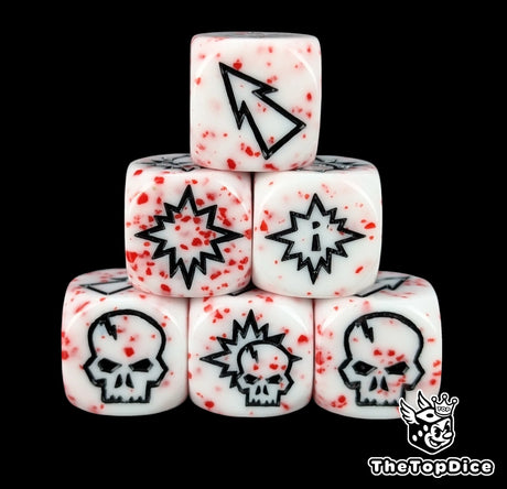 Close up of three white blood spattered 16mm block dice with black symbols for resolving blocks