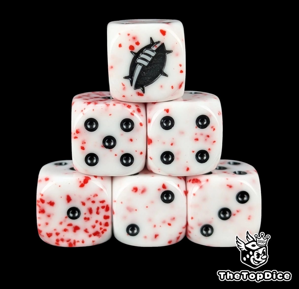 Close up of two white blood spattered D6 with a black custom logo on the six face for fantasy football