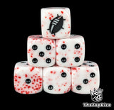 Close up of two white blood spattered D6 with a black custom logo on the six face for fantasy football