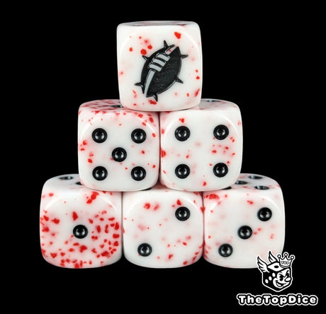 Close up of two white blood spattered D6 with a black custom logo on the six face for fantasy football
