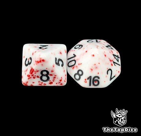 Close up of a white blood spattered D8 and D16 with black numbers for scatter and long range rolls