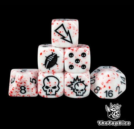 White blood spatter fantasy football dice set of seven 16mm resin dice with black logos compatible with Blood Bowl