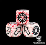 Close look at three bloodspatter dice, every casting flecked differently under the black arrows