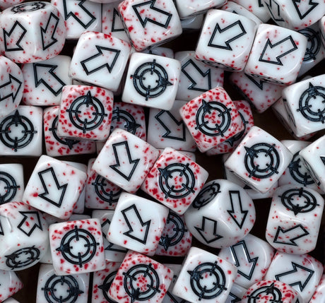 Bloodspatter dice heaped together, red speckling running right through the white resin