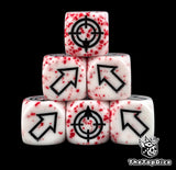 Red flecking runs through six white scatter dice, black arrows and a black target face on top
