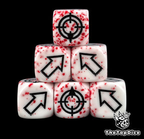 Red flecking runs through six white scatter dice, black arrows and a black target face on top