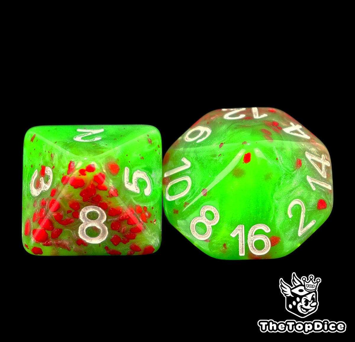 Green 16mm D8 and D16 with red spatter and white numbers from the Bloody Pitch fantasy football dice set