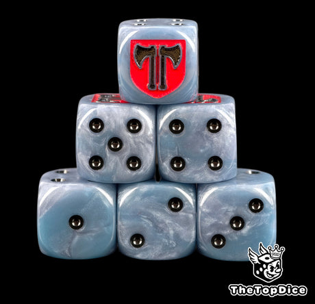 Six pale blue Executioners D6 stacked, red shield with black axes