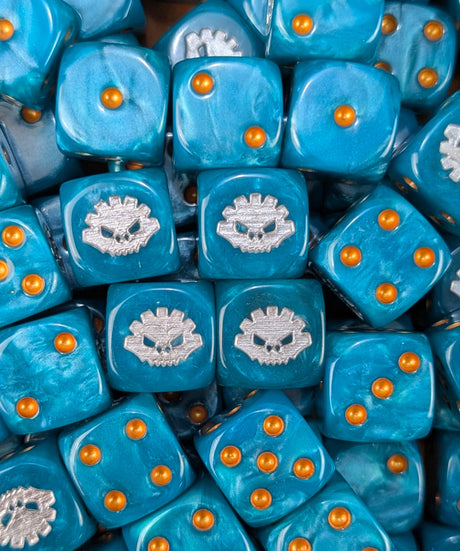 Pile of blue aztec rune 16mm D6 dice for a fantasy lizardmen army