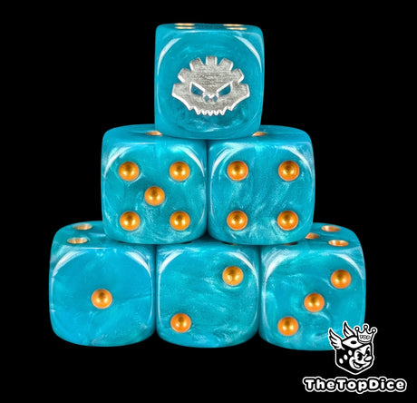Blue 16mm D6 dice with a silver aztec rune emblem and gold pips for fantasy wargaming