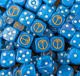 Pile of blue cadre sigil 16mm D6 dice for a sci-fi xeno army