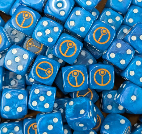Pile of blue cadre sigil 16mm D6 dice for a sci-fi xeno army