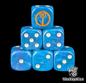 Blue 16mm D6 dice with a gold circular cadre sigil emblem and white pips for sci-fi wargaming