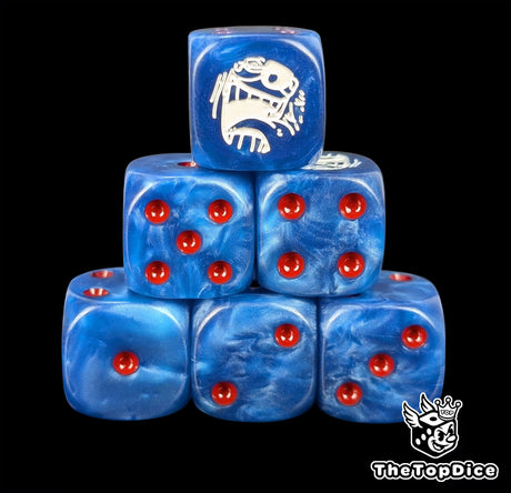 Blue 16mm D6 counter dice with a white clown pirate emblem and red pips for anime pirate TCG