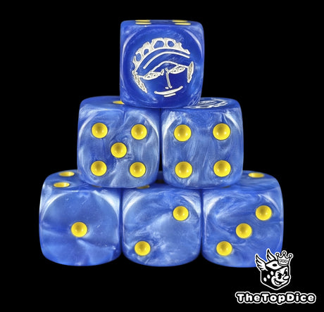 Blue 16mm D6 counter dice with a white surgeon emblem and yellow pips for anime pirate TCG