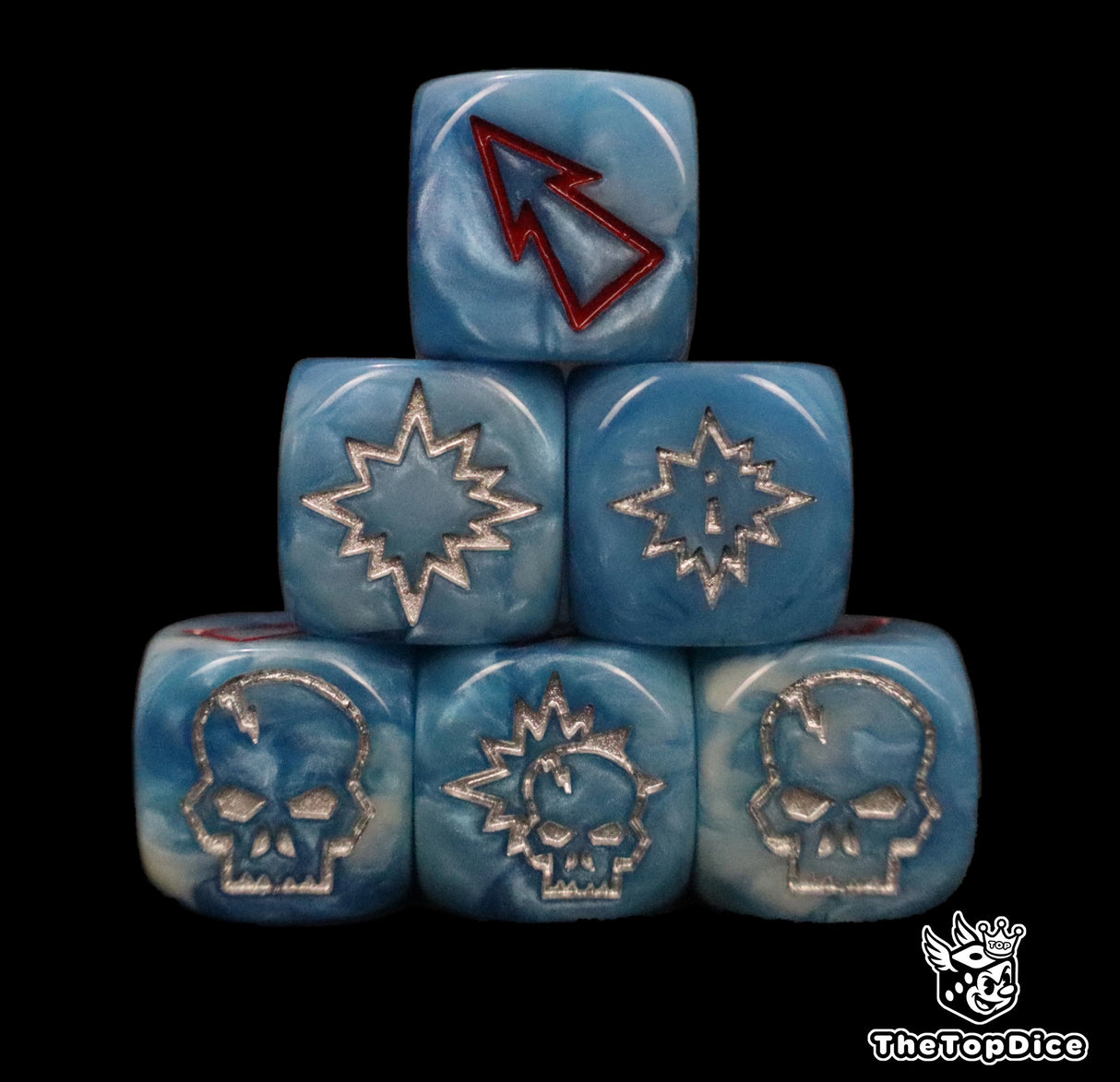 Close up of three blue 16mm block dice with red pips for resolving blocks