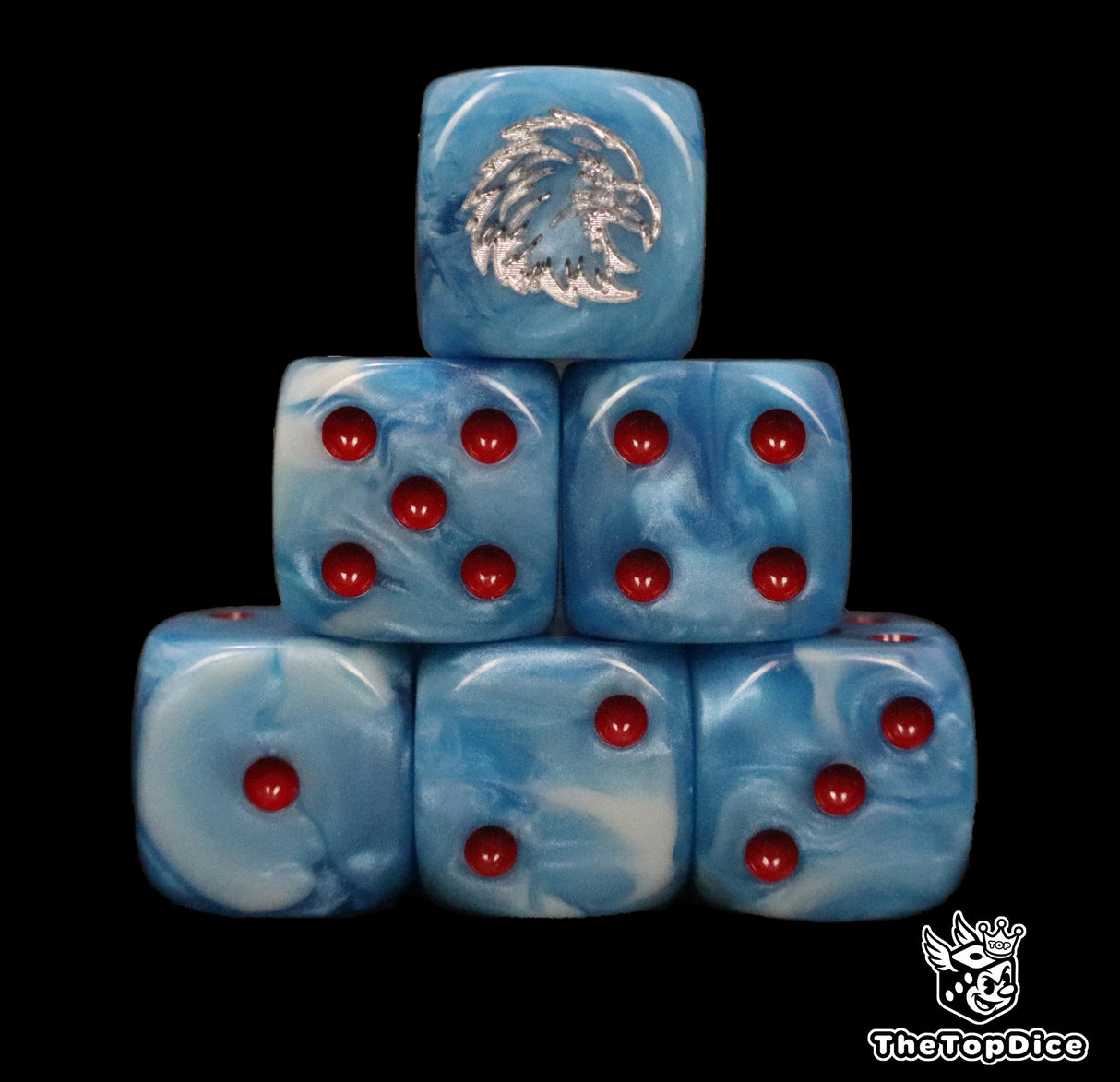 Close up of two blue D6 with a silver eagle logo on the six face for fantasy football