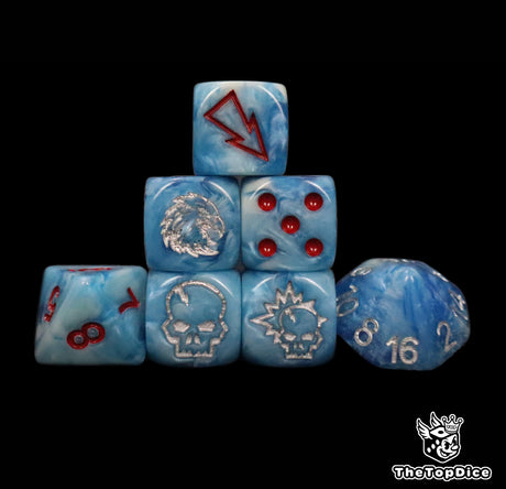 Blue human fantasy football dice set of seven 16mm resin dice compatible with Blood Bowl