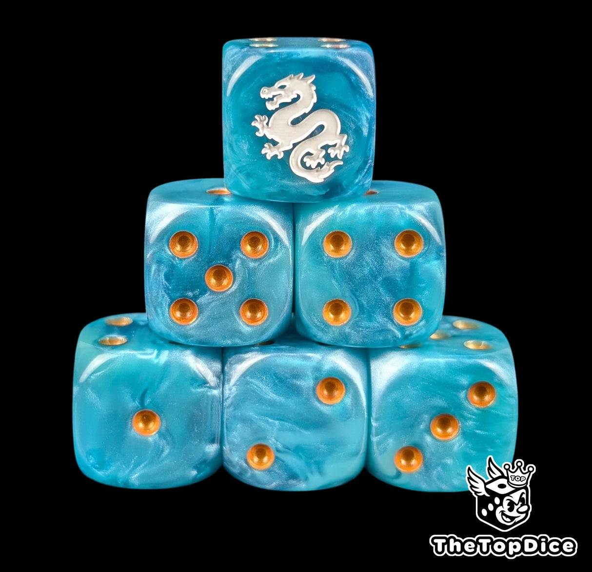 Blue 16mm D6 dice with a white eastern dragon emblem and gold pips for fantasy wargaming