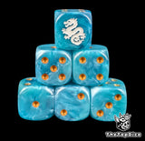 Blue 16mm D6 dice with a white eastern dragon emblem and gold pips for fantasy wargaming