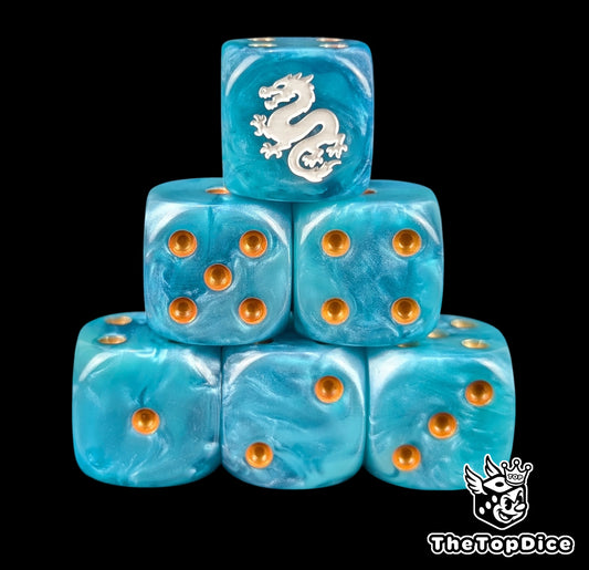 Blue 16mm D6 dice with a white eastern dragon emblem and gold pips for fantasy wargaming