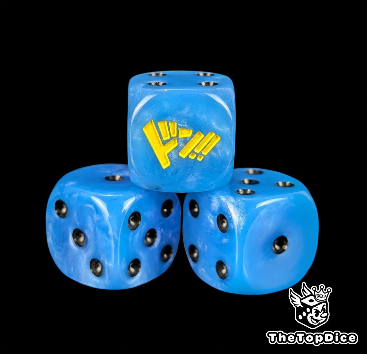 Close up of a blue 16mm resin D6 die engraved with black pips as a TCG power counter