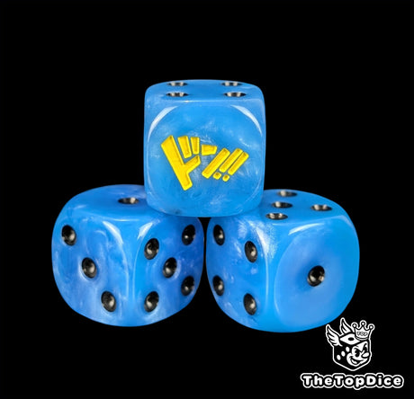 Close up of a blue 16mm resin D6 die engraved with black pips as a TCG power counter