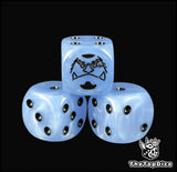 Close up of a blue 16mm resin D6 die engraved with a black warrior emblem and black pips