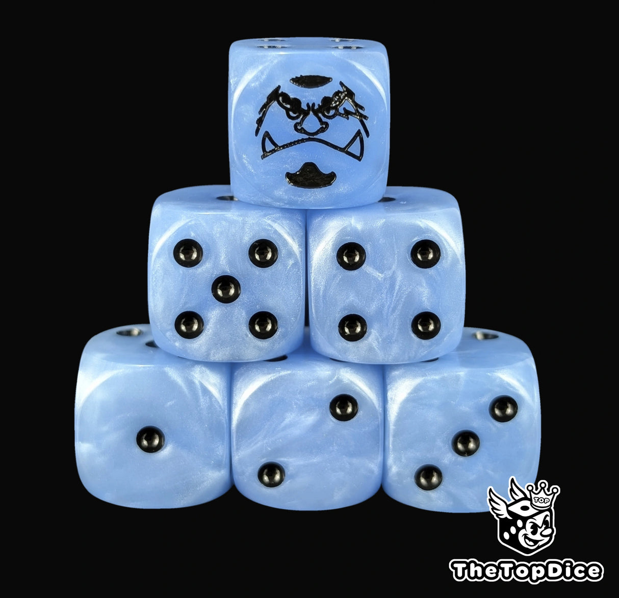 Blue 16mm D6 counter dice with a black warrior emblem and black pips for anime pirate TCG