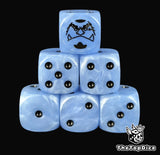 Blue 16mm D6 counter dice with a black warrior emblem and black pips for anime pirate TCG
