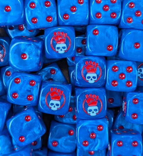 Pile of blue fist skull 16mm D6 dice for a sci-fi marine army