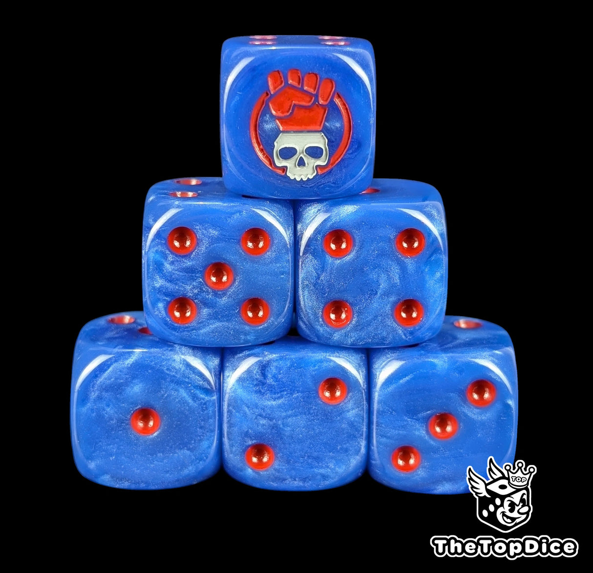 Blue 16mm D6 dice with a red fist and grey skull emblem and red pips for sci-fi wargaming
