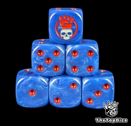 Blue 16mm D6 dice with a red fist and grey skull emblem and red pips for sci-fi wargaming