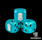 Close up of a blue 16mm resin D6 die engraved with a white kin rune and black pips