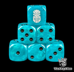 Blue 16mm D6 dice with a white kin rune emblem and black pips for sci-fi wargaming