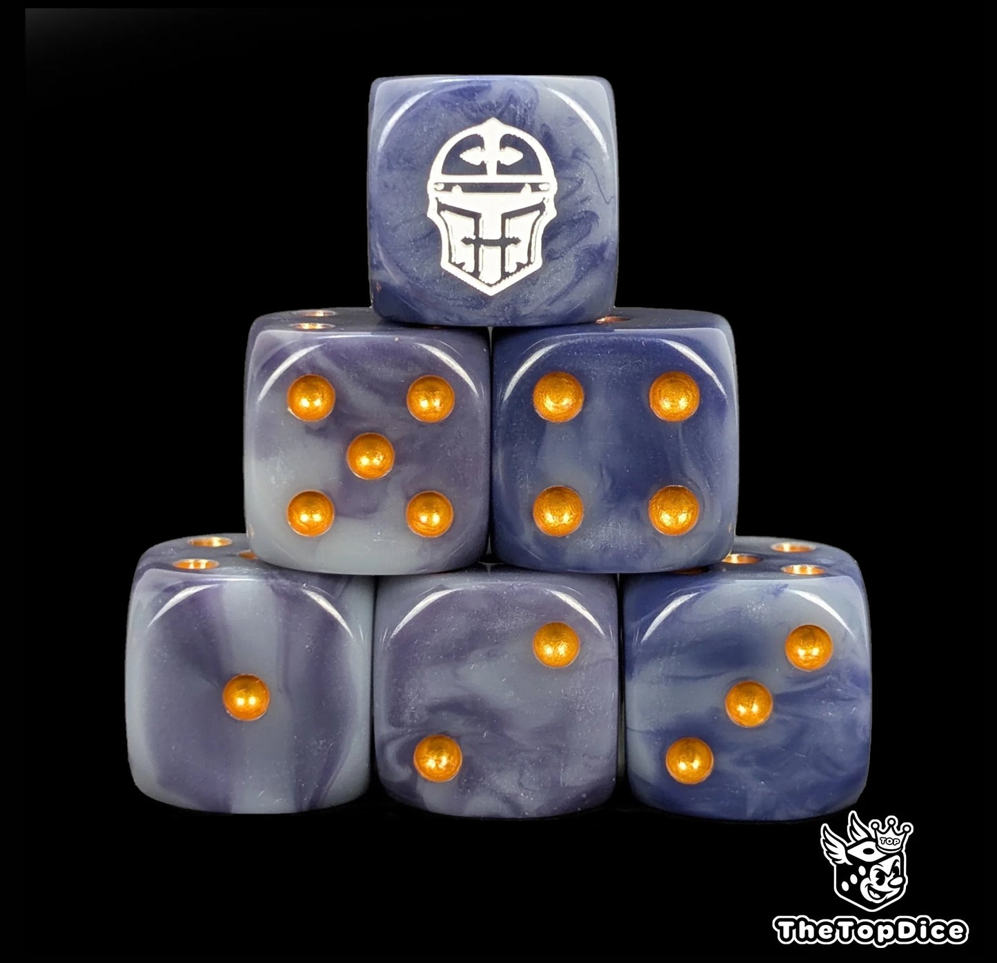 Blue and grey 16mm D6 dice with a white war helm emblem and gold pips for sci-fi wargaming