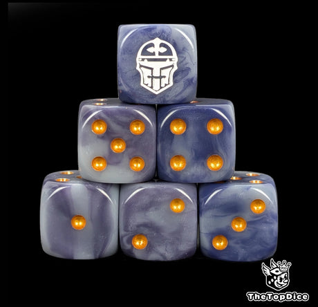 Blue and grey 16mm D6 dice with a white war helm emblem and gold pips for sci-fi wargaming