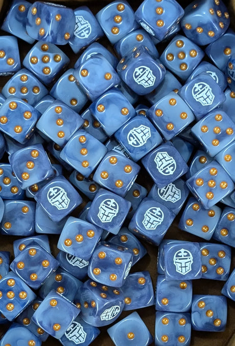 Pile of blue and grey helm 16mm D6 dice for a sci-fi knight army
