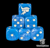 Blue 16mm D6 dice with a white hive alien head emblem and white pips for sci-fi wargaming