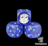 Close up of a dark navy 16mm resin D6 die engraved with a white admiral emblem and ice blue pips