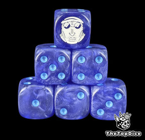 Dark navy 16mm D6 counter dice with a white admiral emblem and ice blue pips for anime pirate TCG