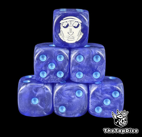 Dark navy 16mm D6 counter dice with a white admiral emblem and ice blue pips for anime pirate TCG