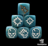 Close up of three blue 16mm block dice with gold pips for resolving blocks