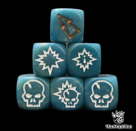 Close up of three blue 16mm block dice with gold pips for resolving blocks