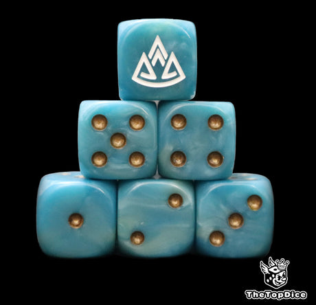 Close up of two blue D6 with a white triple mountain logo on the six face for fantasy football