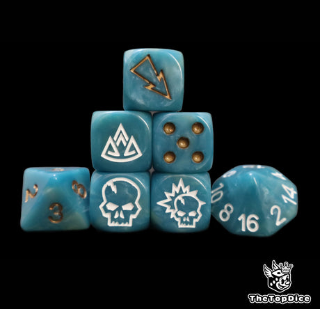 Blue dwarf fantasy football dice set of seven 16mm resin dice compatible with Blood Bowl