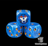 Close up of a blue 16mm resin D6 die engraved with a black fanged helm face and gold pips