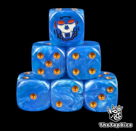 Blue 16mm D6 dice with a black fanged helm face emblem and gold pips for sci-fi wargaming