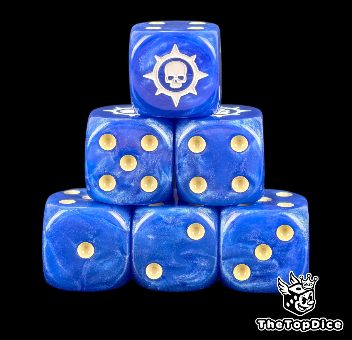 Six blue Novamarines dice stacked, white star skull above gold pips