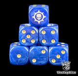 Six blue Novamarines dice stacked, white star skull above gold pips